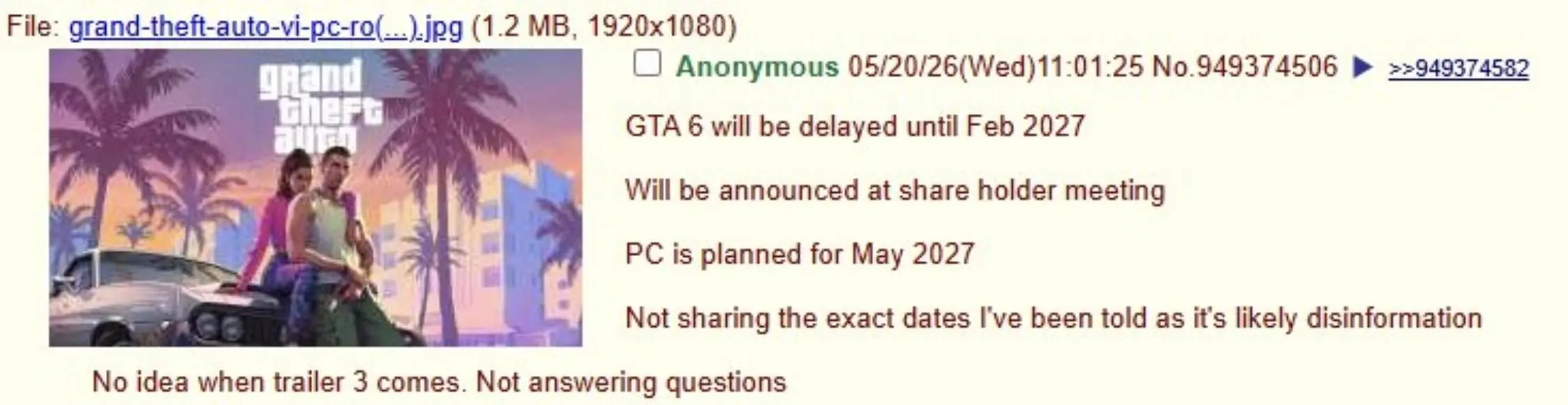 4chan曝《GTA6》跳票2027 Reddit版主怒喷:假消息