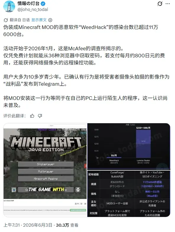 仅花5美元就能当黑客!《我的世界》恶意模组肆虐!