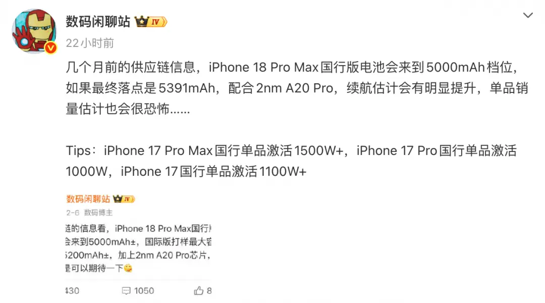 iPhone 18 Pro系列电池容量曝光:国行版大幅提升,续航迎来重大升级