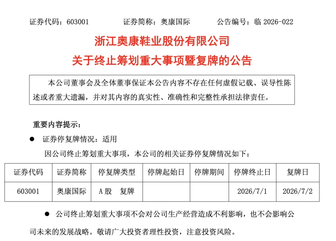 “男鞋第一股”突发公告:终止筹划重大事项,今日复牌