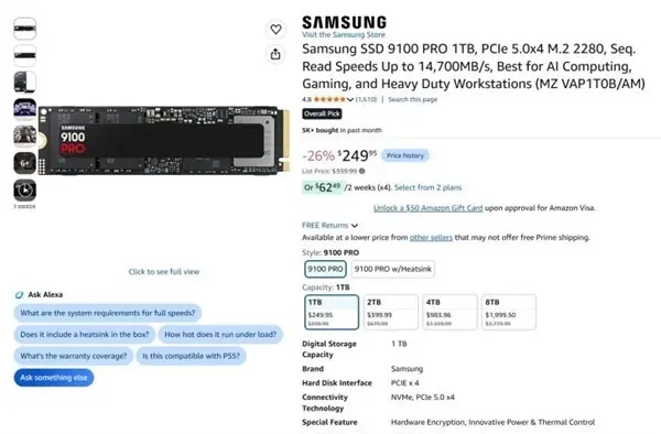 三星PCIe 5.0旗舰SSD 9100 PRO促销价反低于PCIe 4.0前代990 PRO