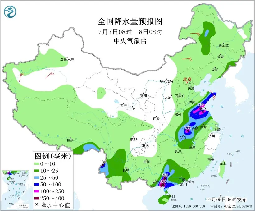 全国降水量预报图(7月7日08时-8日08时)