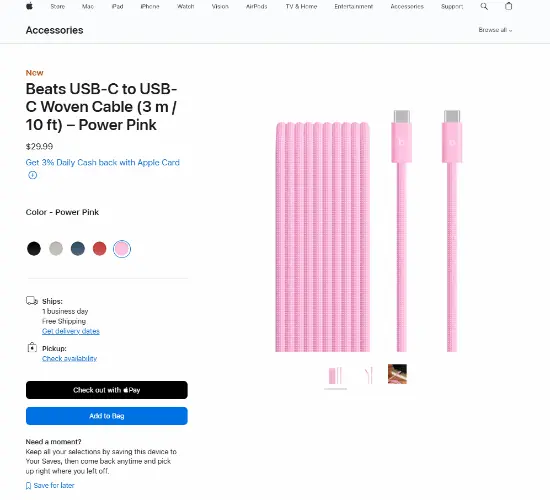 苹果官网上新Beats 3米USB-C编织线，五色可选含主推活力粉